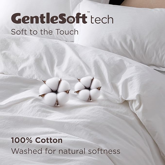 Bedsure 100% Washed Cotton Duvet Cover Oversized Queen - Bright White Minimalist Cotton Duvet Cover Linen Like for All Seasons - Plain Simple Bedding Set (Bright White, Oversized Queen, 98"x98")
