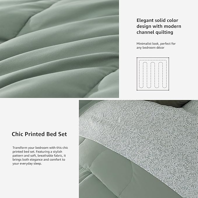Monbix Full Comforter Set - 7 Pieces Sage Green Bed in a Bag Full Size Track Stitching Bedding Sets, All Seasons Comforter with Sheets,Pillowcases & Shams