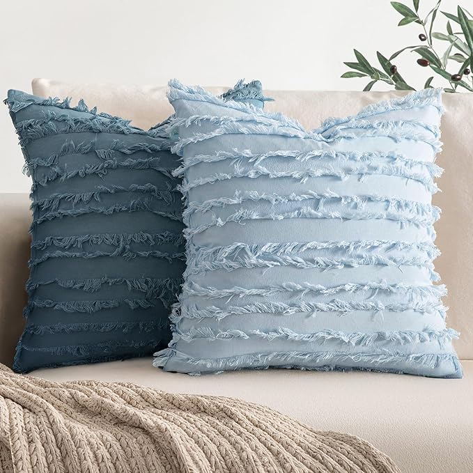 MIULEE Set of 2 Decorative Boho Throw Pillow Covers Linen Striped Jacquard Pattern Summer Cushion Covers for Sofa Couch Living Room Bedroom 20x20 Inch Light Blue