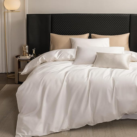 MooMee Queen Duvet Cover Set, 100% Extra Long Staple Cotton 600 Thread Count Sateen Silky Soft Breathable Durable Luxury Hotel Quality Bedding Set, 3 Pieces (Creamy White, Queen 90"x90")