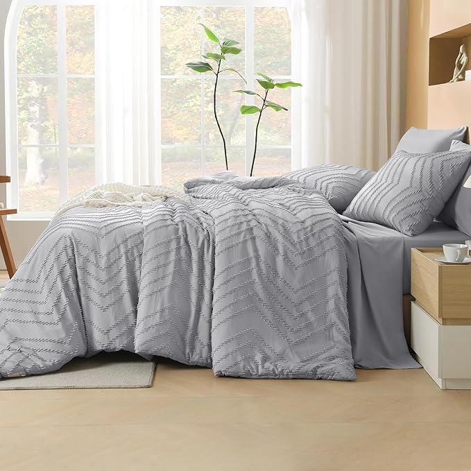Litanika Super King Size Comforter Set with Sheets Light Grey - 7 Pieces Bed in a Bag Oversized King Boho Tufted Complete Bedding Sets with Comforter, Sheets, Pillowcases & Shams