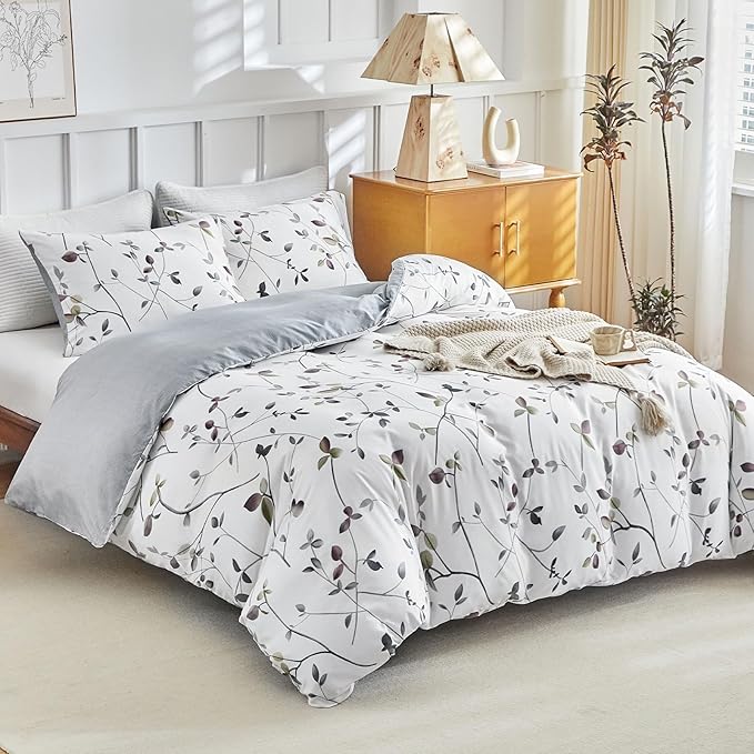 Lekesky Reversible Duvet Cover King Size, White Grey Tree Branch Pattern Comforter Cover King 3pc Super Soft Microfiber Breathable Botanical Bedding Sets with Zipper Ties