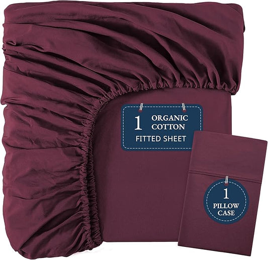 LANE LINEN 100% Organic Cotton Twin Fitted Sheet, 2-Piece Set (1 Fitted Sheet, 1 Pillowcase), Percale Weave, Lightweight, Soft, Breathable, Fits Mattress Upto 15' Deep - Windsor Wine (No Flat Sheet)