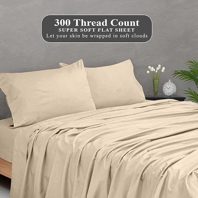 Royale Linens 300 Thread Count 100% Long Staple Combed Cotton Flat Sheet - Super Soft - Top Sheets - Queen Flat Sheet Sold Separately - Breathable, Cool & Crisp Percale Sheets Only (Queen, Cream)