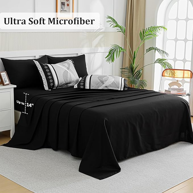 Anibedding Black Comforter Set California King Size,8 Pieces Boho Bed in a Bag Patchwork Striped Comforter Set, Soft Microfiber Bedding Set for All Season(104"x96")