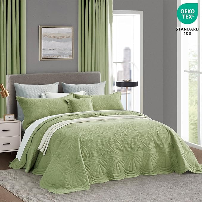 Oversized Bedspread - Queen Size Bedding Cover - Modern & Contemporary Coverlet Set, Real Stitching, Reversible, Lightweight, 5 Piece, Sage Green