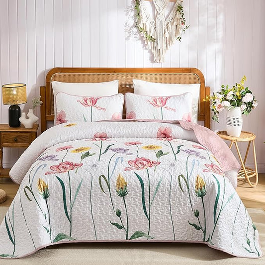 WONGS BEDDING Pink Quilt Set Queen,3 Pieces Colorful Delicate Floral Bedspread Set, Soft Lightweight Reversible Bedding Coverlet with 2 Pillowcases(96"x90")