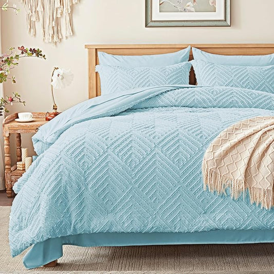 Zzlpp King Comforter Set 7 Pieces, Light Blue Tufted Bed in a Bag with Comforter and Sheets, All Season Boho Bedding Sets with Comforter, 2 Pillow Shams, 2 Pillowcases, 1 Flat Sheet, 1 Fitted Sheet