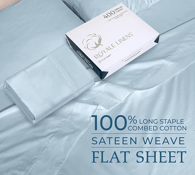 Royale linen 400 Thread Count 100% American Grown Cotton Flat Sheet - Cooling Sheets - Full Sheets - Luxury Sateen Weave - Full Flat Sheet Sold Separately - Blue Flat Sheet Only (Full, Caribbean Blue)