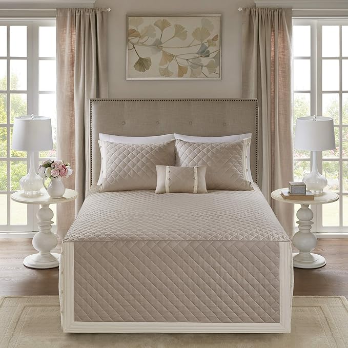 Madison Park Breanna 100% Cotton Fitted Bedspread Classic Traditional Design All Season, Lightweight, Bedding Set, Matching Shams, King(79" x81+24D) Diamond Quilted Khaki 4 Piece