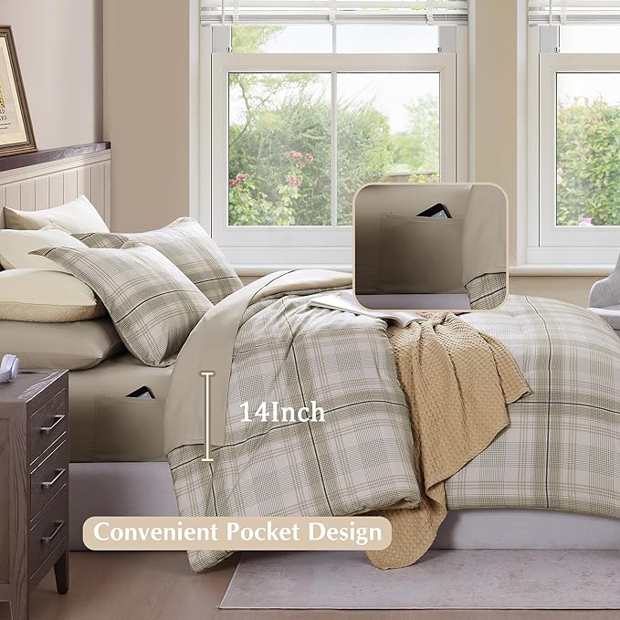 Twin XL Comforter Set, Khaki Green Plaid Bedding Set 5 Piece for Boys Girls Teen, Classic Homestead-Style Kids Comforter Set Bed in A Bag with Sheets, Pillowcase & Sham