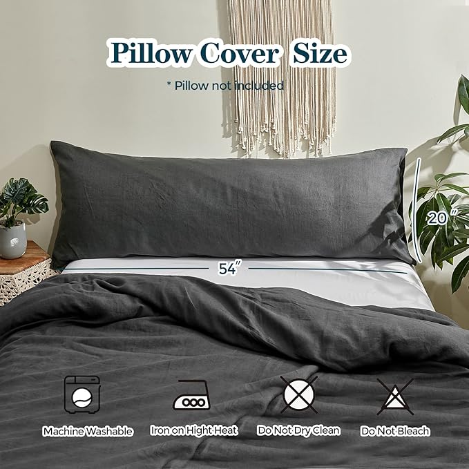Simple&Opulence Body Pillow Cover 20" x 54",100% Pure Linen, Ultra Soft and Breathable, Body Pillowcase with Envelope Closure for Adults (Charcoal Grey)