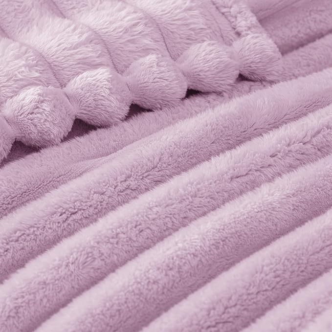 Exclusivo Mezcla King Size Flannel Fleece Blanket, Super Soft Striped Jacquard Bed Blanket, Lightweight Fuzzy Cozy for All Seasons, 90x104 Inches, Lilac Purple