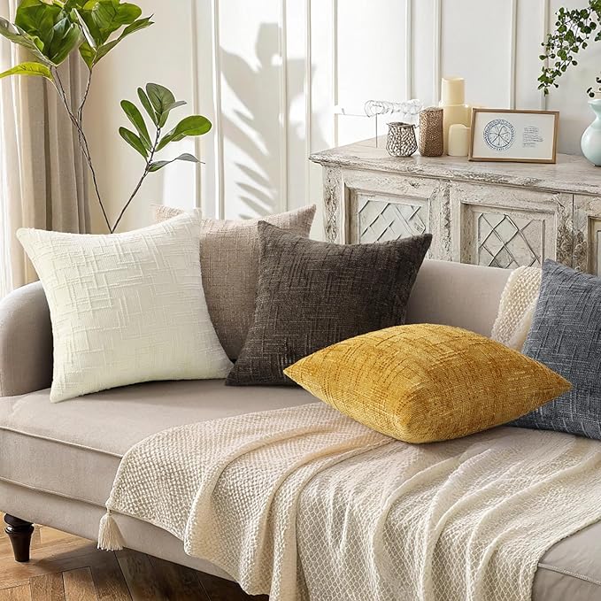 decorUhome Spring Oatmeal Chenille Throw Pillow Covers 18x18 Set of 2 Textured Soft Cozy Slubby Couch Pillow Covers Modern Farmhouse Boho Decorative Pillow Cases for Bed Sofa Living Room