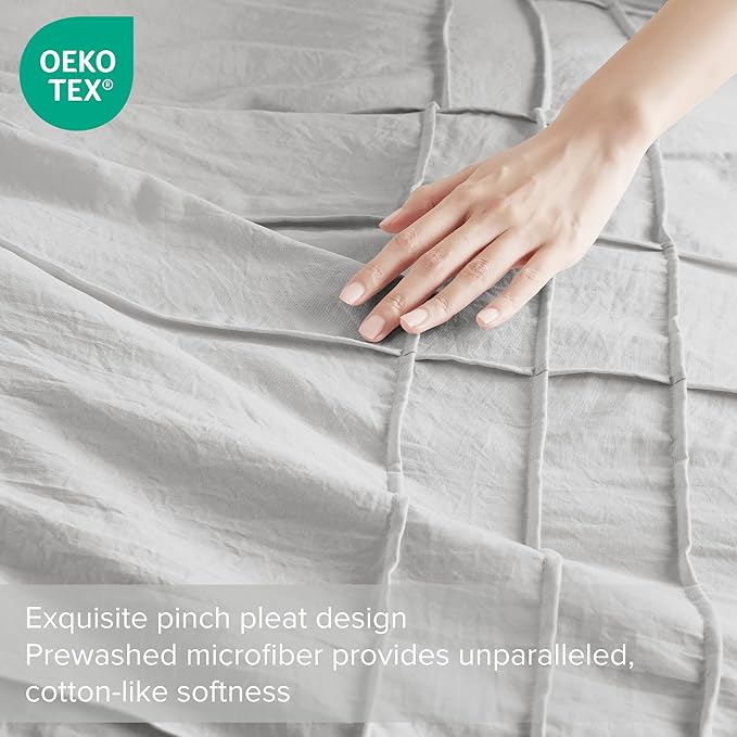 Comfort Spaces Silver Queen Size Duvet Cover Set - 3-pc Pintuck Pleated Duvet Cover Queen, All Season Lightweight, Extra Softness Pre-Washed Microfiber Queen Bed Cover Shams, Queen