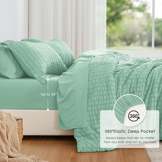 Love's cabin Seersucker Light Green Twin Comforter Set, 5-Piece All Season Lightweight Bed in a Bag Bedding Set with Comforter, Flat Sheet, Fitted Sheet, Pillowcase and Sham | Soft, Breathable, Lightweight