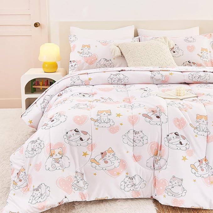 Yibeizi Cat Kids Comforter Set for Girls Twin, Cute Quilted Pink Heart Printed Bedding Set with Pillow Sham, Lightweight Soft Breathable Machine Washable Bed Set 2 Piece