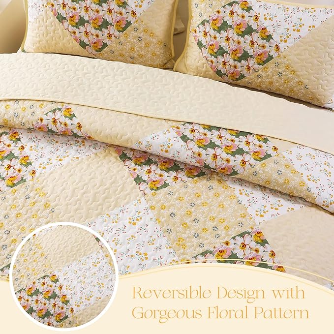 Exclusivo Mezcla Reversible Boho Quilts Queen Size, Yellow Bedspreads Lightweight Coverlet All Season Patchwork Quilt Bedding Set with Printed Floral Pattern (1 Quilt, 2 Pillow Shams)