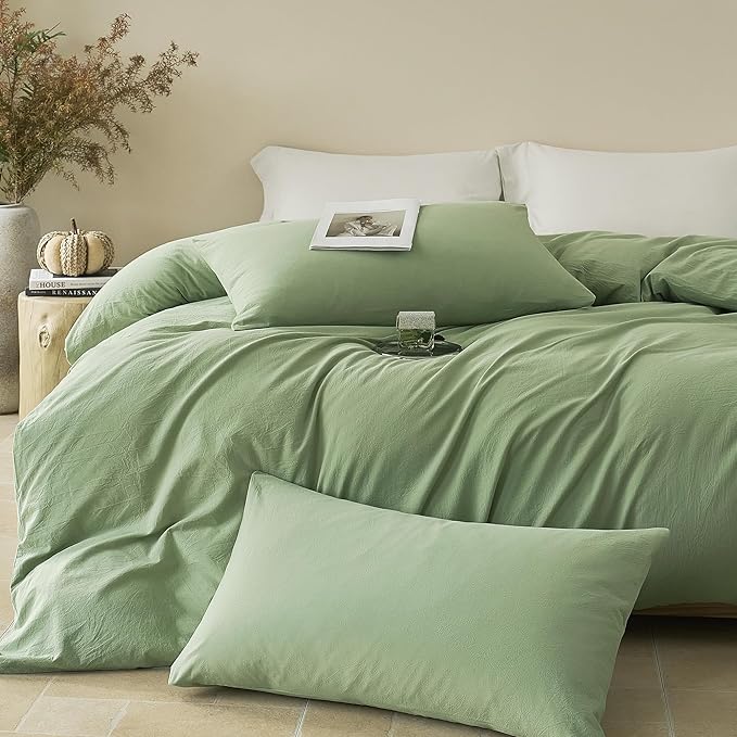 JELLYMONI Duvet Cover King Size - Washed Cotton Comforter Cover with Linen-Like Texture,Breathable & Soft Bedding for Modern Home,Guest Room and Everyday Use,Mint Green 1 Duvet Cover & 2 Pillowcases