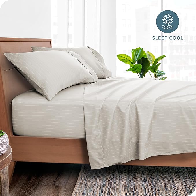 Bare Home Full Sheet Set - Luxury 1800 Ultra-Soft Microfiber Double Brushed - Deep Pockets - Easy Fit - 4 Piece Set - Bedding Sheets & Pillowcases (Full, Pinstripe - Stone/White)