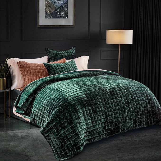 RECYCO Luxury Velvet Quilt Set Full Queen Size Bedding Sets, Ultra Soft Velvet Comforter Set, Lightweight Channel Box Stitch Oversized Bedspread Coverlet for All Season, with 2 Shams, Emerald Green