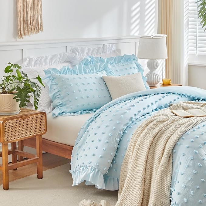 Flysheep Tufted Dots Ruffle Comforter Set King Size, 3 Pieces Blue Vintage Farmhouse Shabby Chic Comforters, Jacquard Boho Bohemian Bedding Set for All Season (1 Ruffled Comforter+ 2 Pillow Shams)