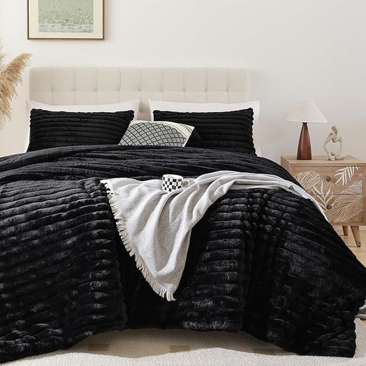 Smoofy Fluffy Full Size Comforter Sets 3 Pieces - Black Fleece Fluffy Comforter Set, Luxury Fuzzy Full Bed Set, Soft Comforter Full Size All Season, Heavy Faux Fur Comforter with 2 Pillow Cases