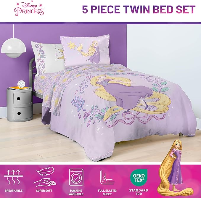 Jay Franco Kids Comforter Set Includes Sheets and Pillow Covers - Soft and Cozy Bed Set for Stylish Room Decor, Purple - Disney Princess Rapunzel, 5 Piece Twin Size Bedding