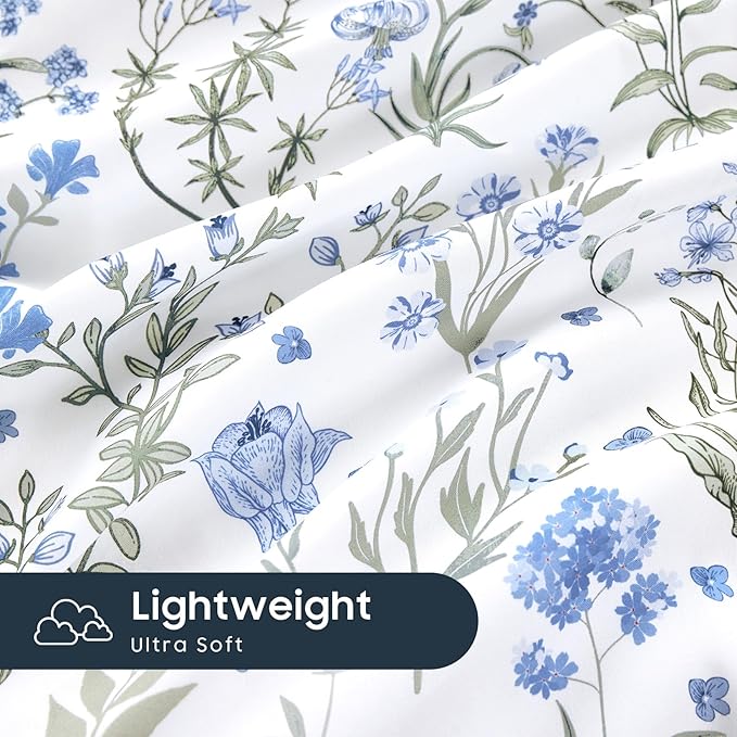 Wake In Cloud - Floral Duvet Cover Set, Shabby Chic Cottage Garden Botanical Flower Style with Elegant Wildflower Pattern, Soft Lightweight Bedding, 3 Pieces, Blue White, Twin/Twin XL Size
