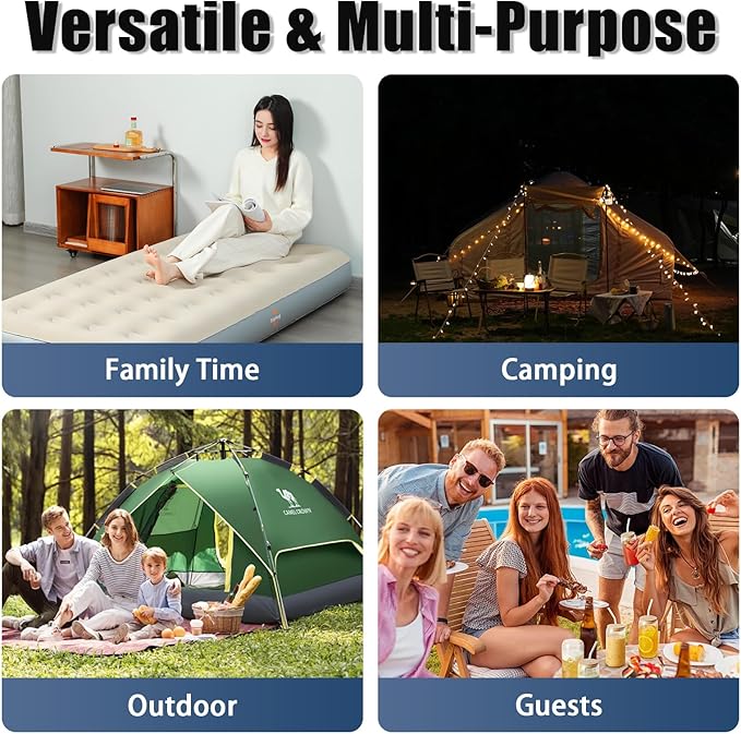 Single Size Air Mattress Inflatable Bed, Air Mattress with Built - in Electric Pump - Fast Inflation, Supports up to 650 lbs - Ideal for Camping, Home, Guests, and Portable Travel Use