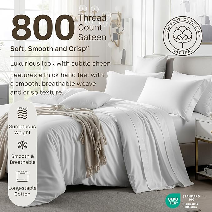 California Design Den King Sheet Set - Luxury 800 Thread Count Sateen, Natural 100% Cotton King Size Sheets Deep Pocket Set for a Snug Fit, Durable Bedding - Blue (Grey Tone)
