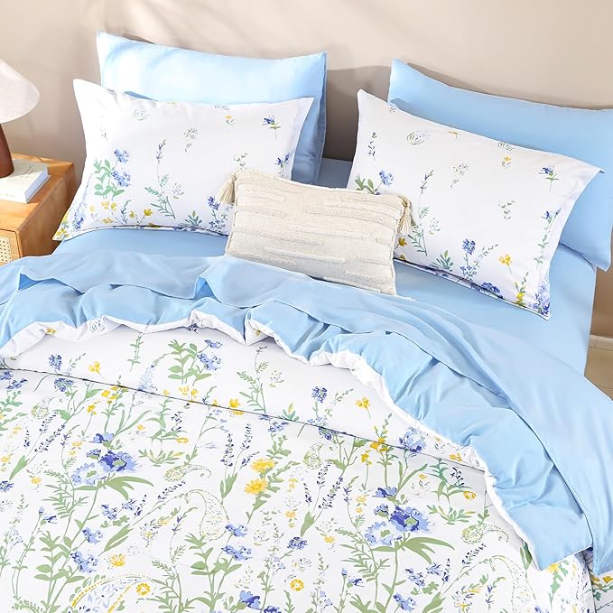 Yiran Blue Floral Comforter Set Queen Size, 7 Piece Watercolour Botanical Comforter Bedding Set, Bed in a Bag Queen, Soft Microfiber Complete Bedding Set with Sheets for All Season