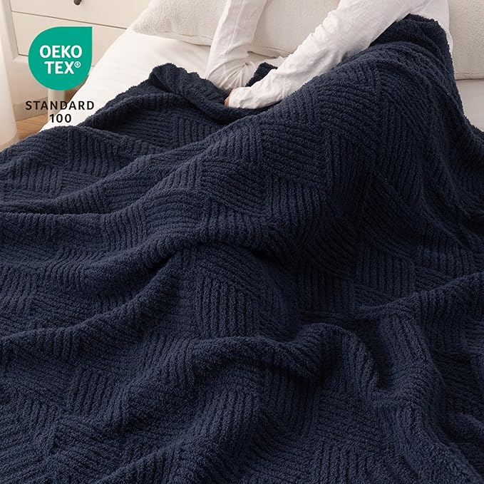 Battilo Navy Diamond Knit Throw Blanket for Couch and Bed, Soft Textured Chenille Blanket, Cozy Lightweight Decorative Blanket for Sofa, 50"x60"