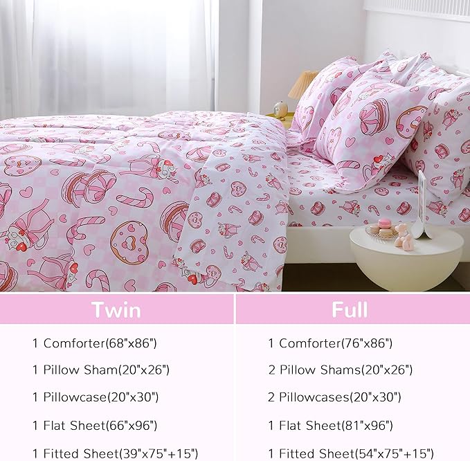 Viviland Kids Full Bedding Sets for Girls, Soft Full Comforter Set with Sheets, 7 Pieces Microfiber Bed in a Bag, Pink Dessert Cake