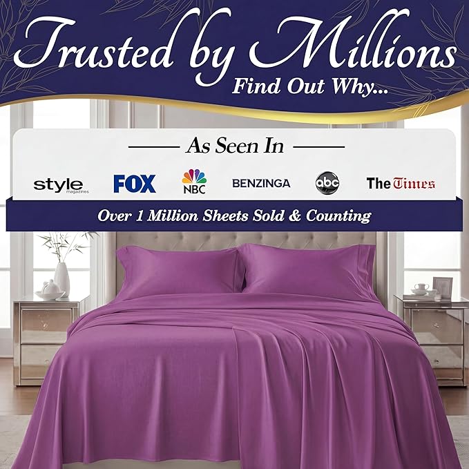 DECOLURE 100% Viscose Derived from Bamboo Sheets Twin Size - Luxury 3 Pc Naturally Cooling Sheets, Ultra Soft Bed Set - Deep 17" Pockets, Durable Double Stitching, Oeko Tex Standard (Purple)