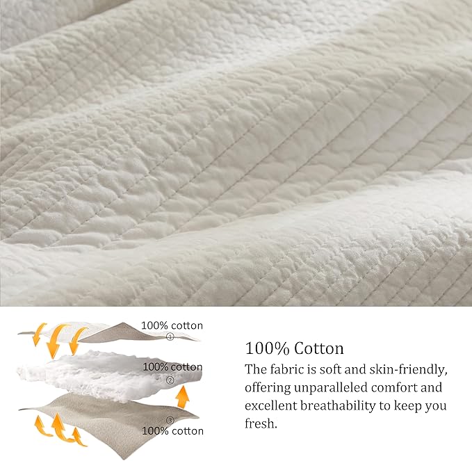 palassio Striped Beige 100% Cotton Quilt Twin Size Bedding Sets, Lightweight Crinkly Channel Pick Stitch Textured Bedspread Soft Shabby Chic Farmhouse Country Coverlet for All Season, 1 Sham