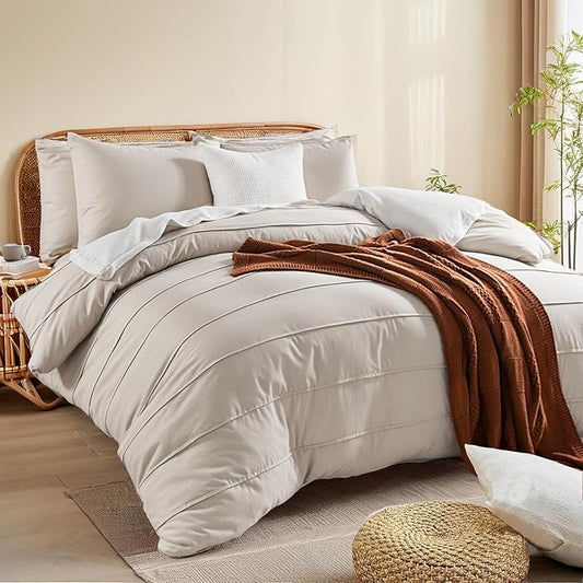 NEXHOME PRO 100% Organic Cotton Duvet Cover Super King Size, Linen Like Pleated Textured Tannish Linen Grey Duvet Cover Set, 3pc Bedding Set with Zipper Closure, Soft,108"x98", No Comforter