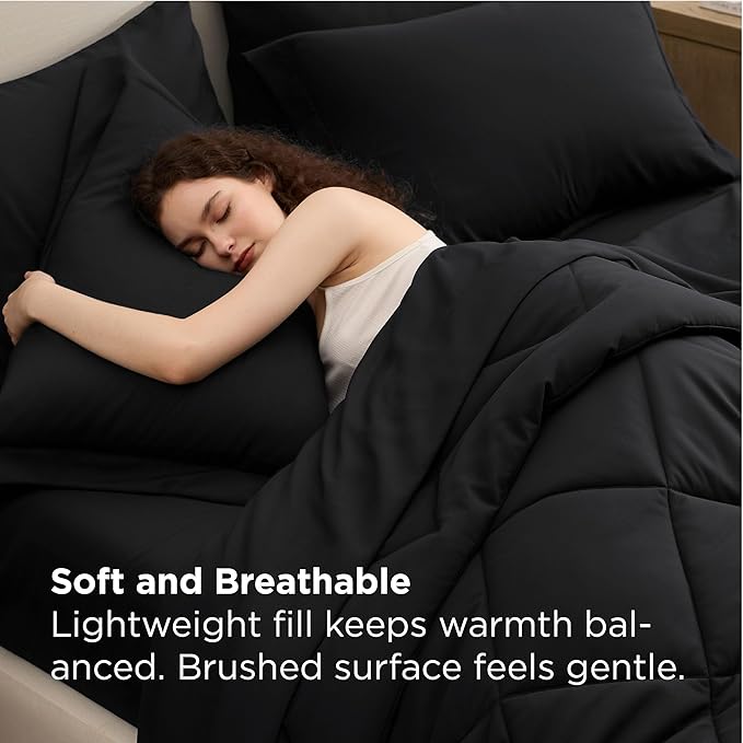 Bedsure 7 Pieces Full Comforter Set Premium Series, Hotel Luxury Soft Bed in a Bag, Goose Down Alternative, Safe for Sensitive Skin Bedding Comforter All Season Medium Warmth, Black Full Size