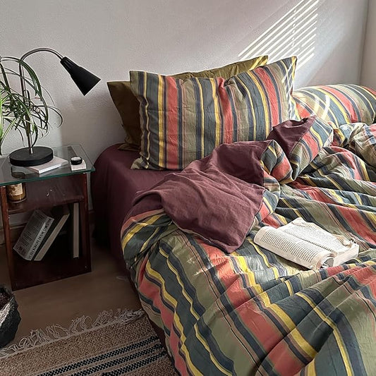 mixinni Vintage Striped Duvet Cover Set Twin XL Size - 3 Piece 100% Washed Cotton Bedding Set, Soft & Breathable,Colorful Striped Pattern Printed Comforter Cover for All Seasons