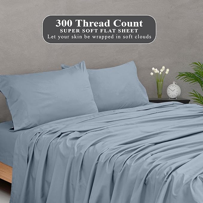 Royale Linens 300 Thread Count 100% Long Staple Combed Cotton Flat Sheet - Super Soft - Top Sheets - King Flat Sheet Sold Separately - Breathable, Cool & Crisp Percale Sheets Only (King, Lake Blue)