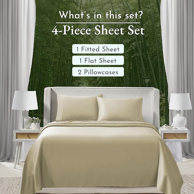 California Design Den Queen Size Rayon from Bamboo Sheets Set, Cooling Rayon Sheets, Luxury Queen Size Sheet Set with Fitted Deep Pockets, Beige Queen Sheet Set - Beige