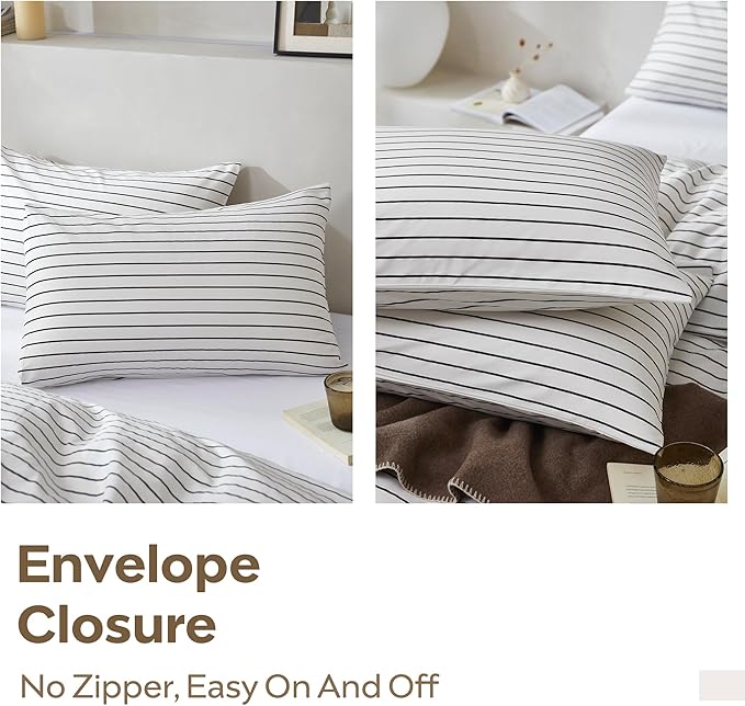 JELLYMONI 100% Natural Cotton 3pcs Striped Duvet Cover Sets, White Duvet Cover with Thin Black Stripes Pattern Printed Comforter Cover, with Zipper Closure & Corner Ties(King Size)
