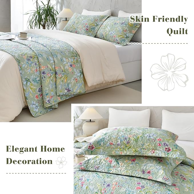 QSH 100% Cotton Quilt Queen Size Bedding Set (90"x98") 3Pcs Green Floral Quilt Set Summer Flower Bird Butterfly Printed Bedspread Coverlet Queen Lightweight Soft Bedding Set with Pillowcases