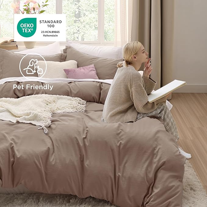 Bedsure Khaki Oversized Queen Duvet Cover - 3 Pieces Prewashed Cotton-Like Extra Soft Bedding Set, Includes 1 Duvet Cover 98x98 Inches with Zipper Closure & 2 Pillow Shams, Comforter Not Included