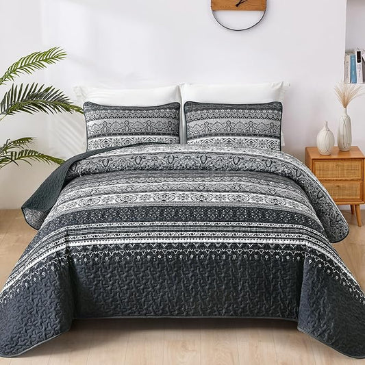 WONGS BEDDING Boho King Quilt Set, Black Bohemian Quilt Bedding Set, Lightweight Bed Decor Bedspread for All Season Reversible Microfiber Coverlet Bedding Set 110"x90"(3 Pieces)