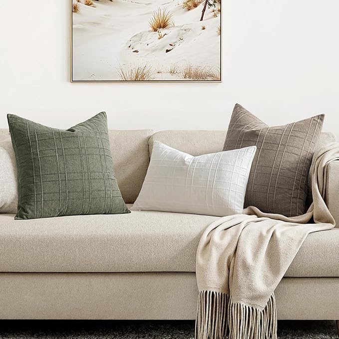 MIULEE Decorative Linen Check Throw Pillow Covers Neutral Farmhouse Vintage Pillow Covers 20x20 Set of 2 Boho Modern Winter Home Decor for Sofa Couch Bedroom Cushion Tan Taupe
