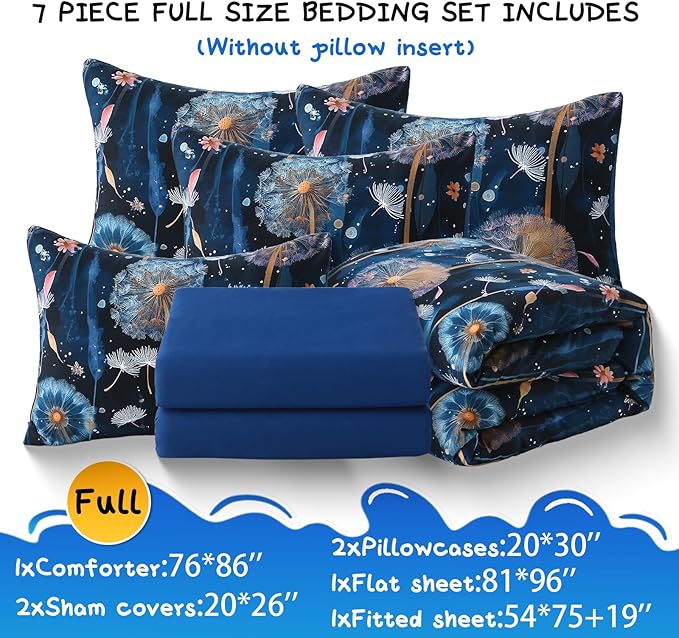 Glow in The Dark Kids Comforter Set, 7 Pieces Blue Dandelion Bedding Set Full Size for Boys Girls Teen, 1 Comforter, 2 Pillowcases, 2 Pillow Shams, 1 Flat Sheet, 1 Fitted Sheet