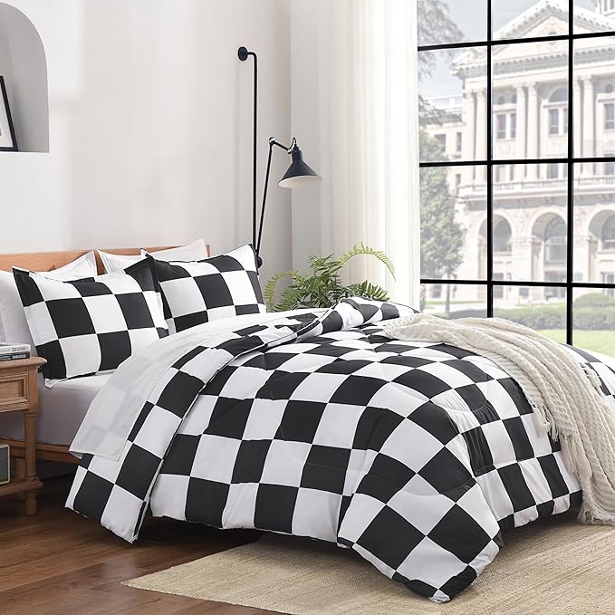 Andency Checkered Comforter Queen(90x90Inch), Black White Plaid Gingham Bed Set for Teen Boys Kids, Lightweight Microfiber Geometric Preppy Bedding, 3 Pieces