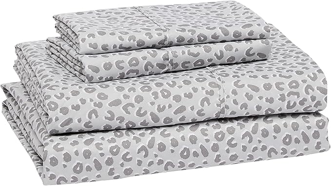 Amazon Basics Lightweight Breathable Microfiber 4 Piece Bed Sheet Set With 14-inch Deep Pockets, Wrinkle Resistant, Machine Washable - King, Grey Cheetah, Printed