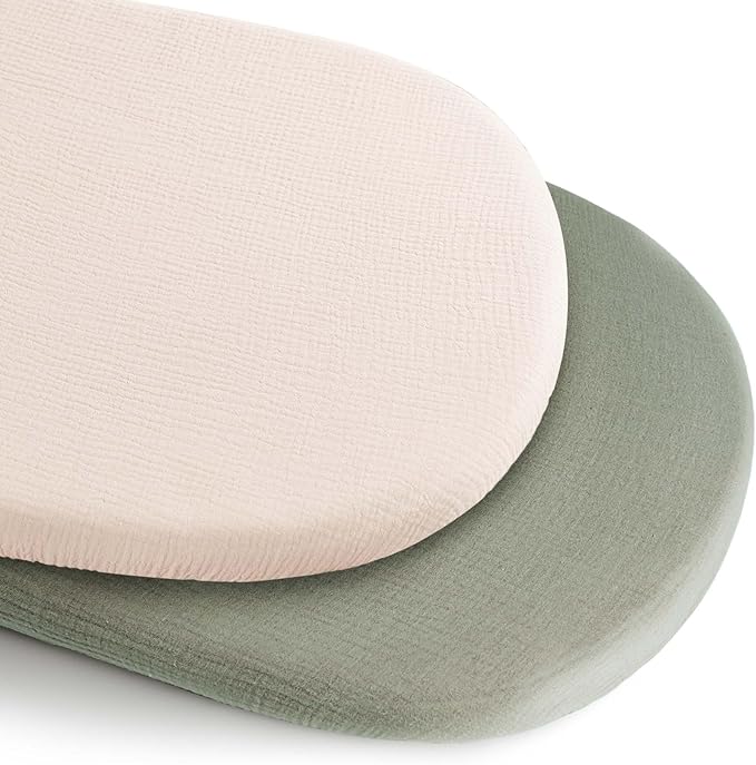 Konssy 2 Pack Muslin Bassinet Sheets for Boys, Girls, 100% Cotton Soft Breathable Fitted Bassinet Mattress Sheet, 32 x 16 inches (Fog Green,Cream)